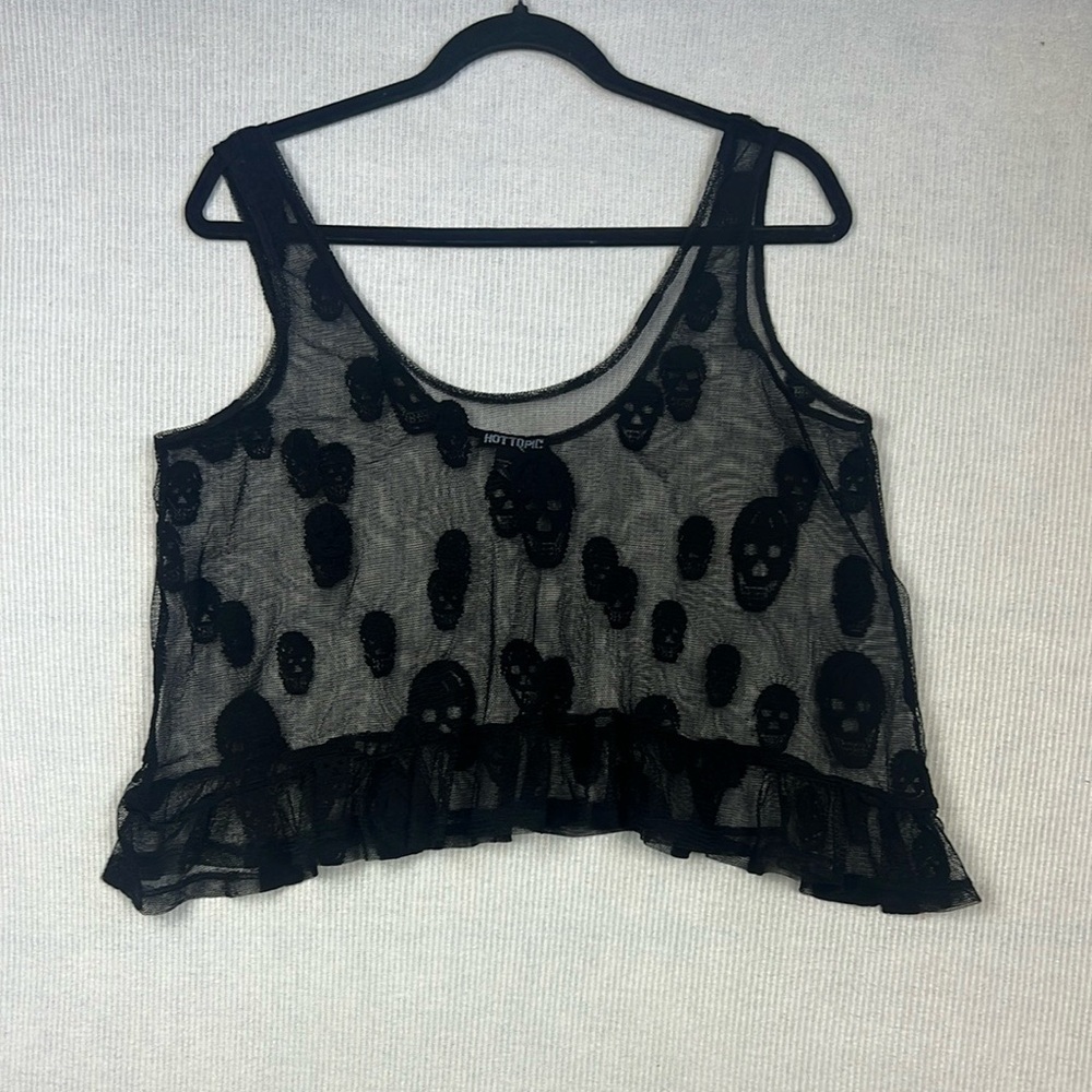Hot Topic Black Sheer Skull Ruffle Crop Tank Top